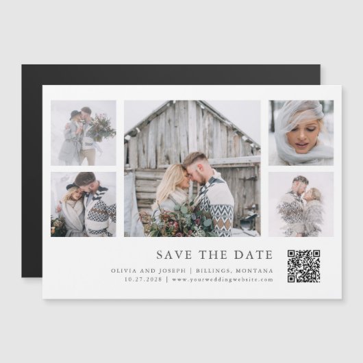 Rustic Chic Multi Foto Grid QR Code Save the Date Magneteinladung (Vorne/Hinten)