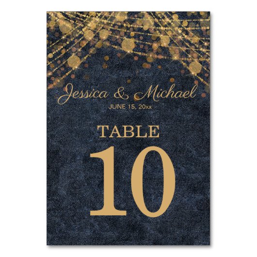 Rustic Chic Navy Blue Gold String LIghts Wedding Tischnummer (Vorderseite)