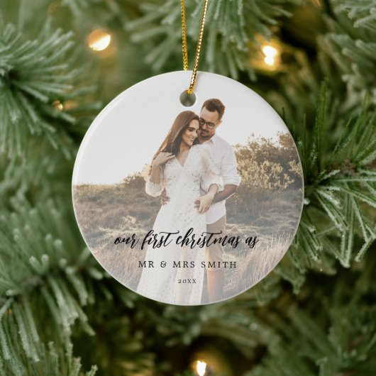 Rustic Chic Wedding Foto Newlyweds Keramik Ornament (Baum)