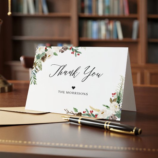 Rustic Chic Winter Floral Holly Berries Thank You Dankeskarte