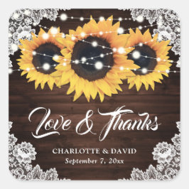 Rustic Chic Wood Lace Sunflower Wedding Vielen Dan Quadratischer Aufkleber