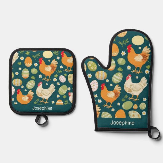 Rustic Chicken & Easter Eggs Kitchen Custom Name Ofenhandschuh & Topflappen-Set (Vorderseite)