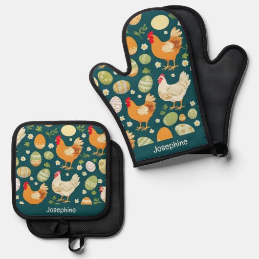 Rustic Chicken & Easter Eggs Kitchen Custom Name Ofenhandschuh & Topflappen-Set (Vorderseite/Rückseite)