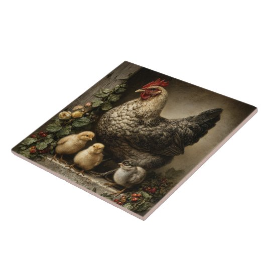 Rustic Chicken Hen with Chicks Fliese (Seite)