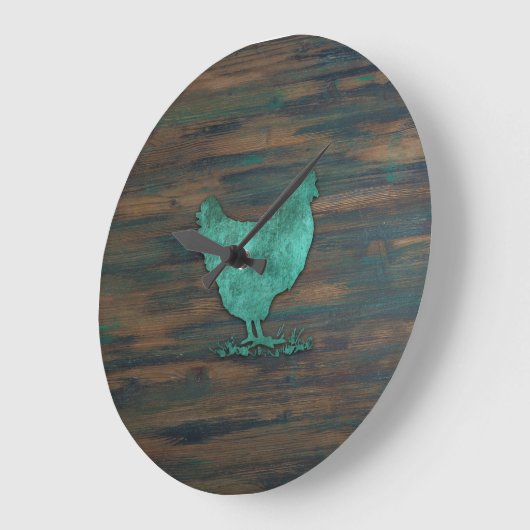 Rustic Chicken (Teal) Große Wanduhr (Winkel)