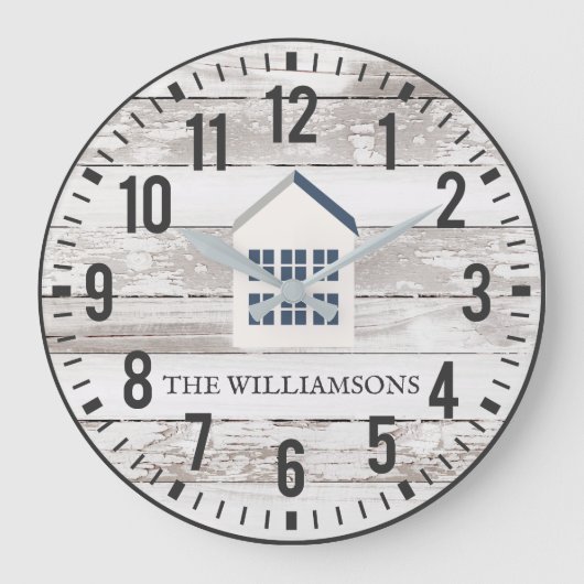 Rustic Chippy Planks Custom Family Name Farmhouse Große Wanduhr (Vorderseite)