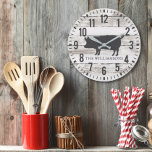 Rustic Chippy Planks Custom Family Name Farmhouse Große Wanduhr<br><div class="desc">Rustic Chippy Planks Custom Familienname Pig Large Farmhouse Style Clock verfügt über einen weißen chippischen Hintergrund, mit einem Landschwein und ist mit Ihrem Namen personalisiert. Teil einer Sammlung. Wenn Sie Hilfe bei der Personalisierung Ihrer Uhr benötigen oder wenn Sie Artikel koordinieren möchten, zögern Sie bitte nicht, mich per E-Mail zu...</div>