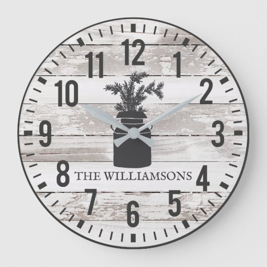 Rustic Chippy Planks Custom Family Name Milk Can Große Wanduhr (Vorderseite)