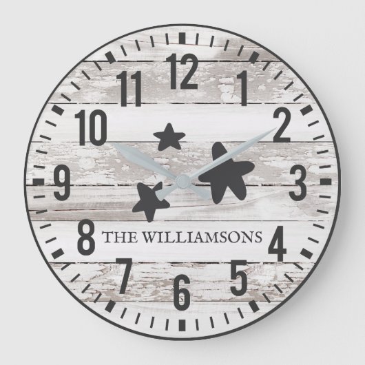 Rustic Chippy Planks Custom Family Name Stars Große Wanduhr (Vorderseite)