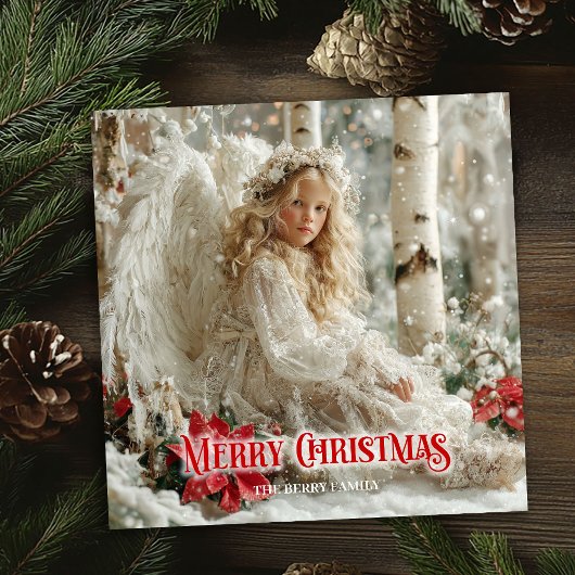 Rustic Christmas angel red poinsettias watercolor Feiertagskarte