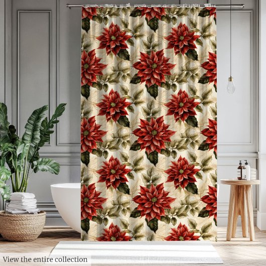 Rustic Christmas Curtain Red Vintage Poinsettia Duschvorhang