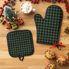 Rustic Christmas Green & Black Buffalo Plaid Ofenhandschuh & Topflappen-Set