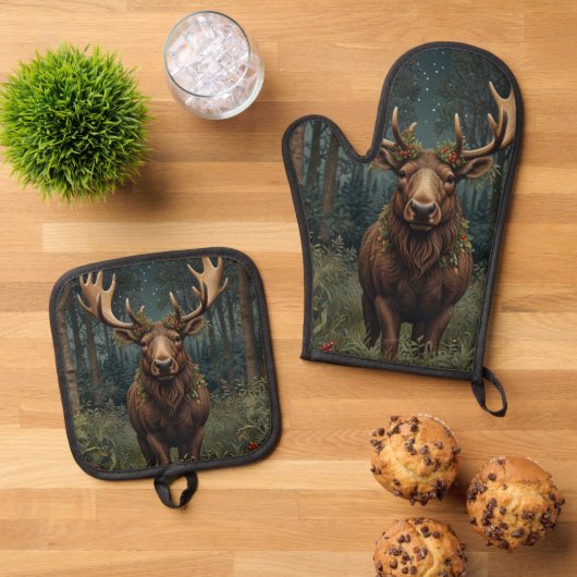 Rustic Christmas moose deer boho woodland forest Ofenhandschuh & Topflappen-Set (Oben Unten)