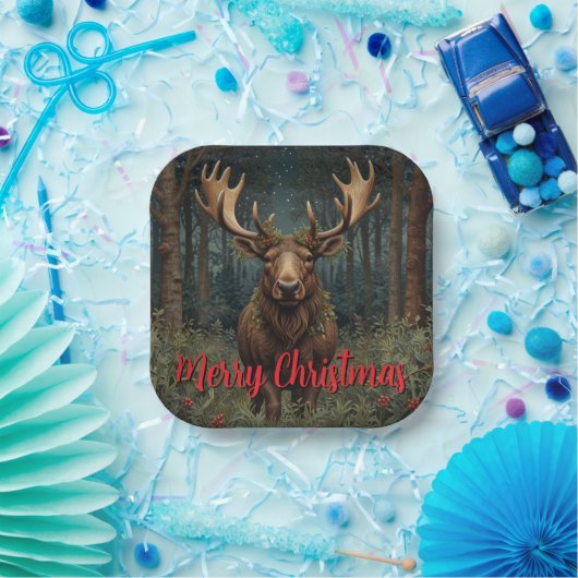 Rustic Christmas moose deer boho woodland forest Pappteller (Party)