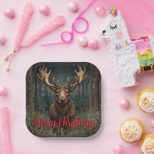 Rustic Christmas moose deer boho woodland forest  Pappteller (Party)