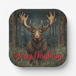 Rustic Christmas moose deer boho woodland forest  Pappteller