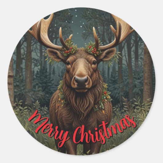 Rustic Christmas moose deer boho woodland forest Runder Aufkleber (Vorderseite)