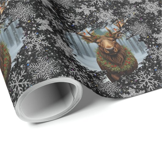 Rustic Christmas moose winter woodland forest snow Geschenkpapier (Rolleneckpunkt)