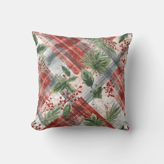 Rustic Christmas Plaid with Winter Pine & Berries Kissen (Vorderseite)