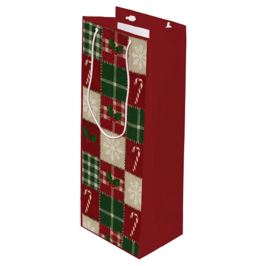 Rustic Christmas Quilt Plaid Geschenktüte Für Weinflaschen (Vorderseite Schrägansicht)