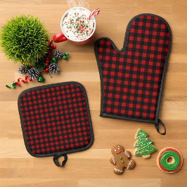 Rustic Christmas Red & Black Buffalo Plaid Ofenhandschuh & Topflappen-Set