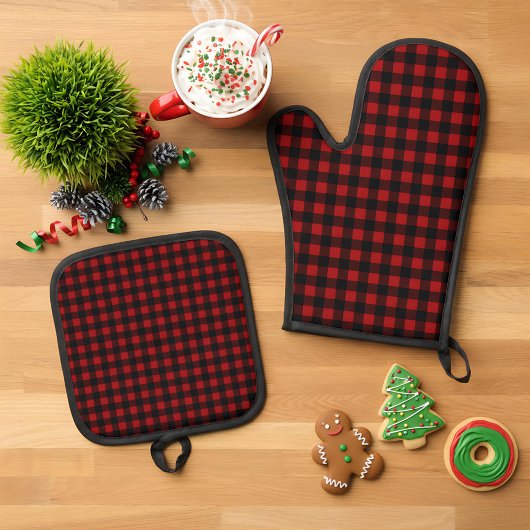 Rustic Christmas Red & Black Buffalo Plaid Ofenhandschuh & Topflappen-Set