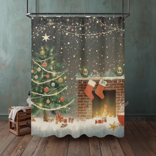 Rustic Christmas Tree and Fireplace Shower Curtain Duschvorhang