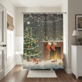 Rustic Christmas Tree and Fireplace Shower Curtain Duschvorhang