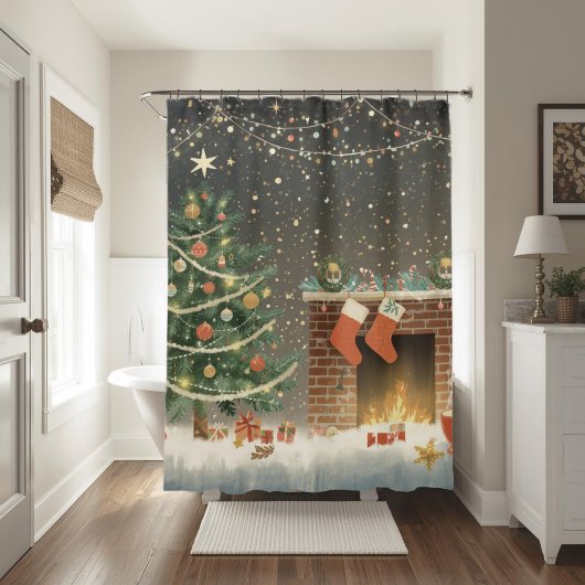 Rustic Christmas Tree and Fireplace Shower Curtain Duschvorhang