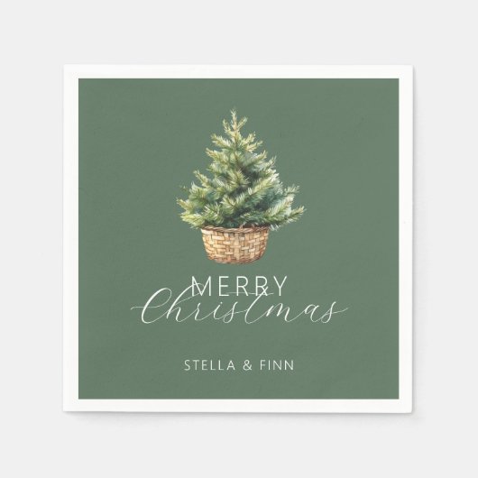 Rustic Christmas Tree In Basket Dusty Green Serviette (Vorderseite)