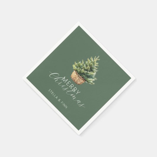 Rustic Christmas Tree In Basket Dusty Green Serviette (Ecke)