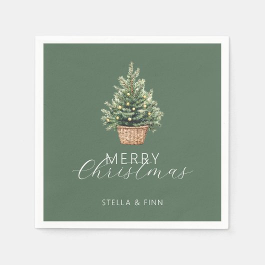 Rustic Christmas Tree In Basket Dusty Green Serviette (Vorderseite)