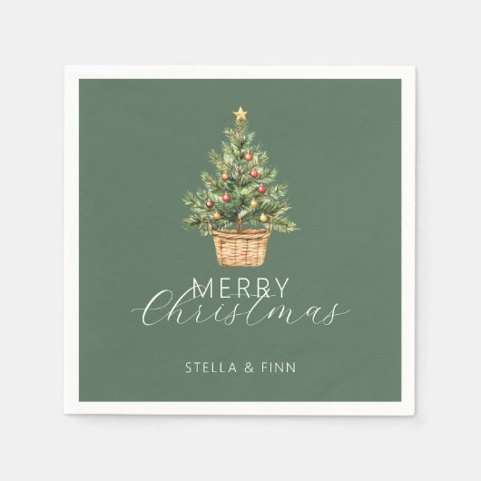 Rustic Christmas Tree In Basket Dusty Green Serviette (Vorderseite)