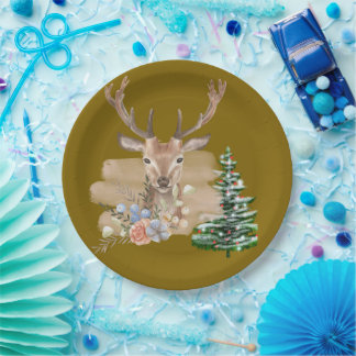 Rustic Christmas Tree with Brown-Beige Watercolor Pappteller