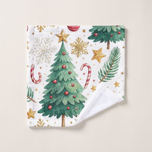 Rustic Christmas trees red green gold bath towel Badhandtuch Set (Waschlappen)