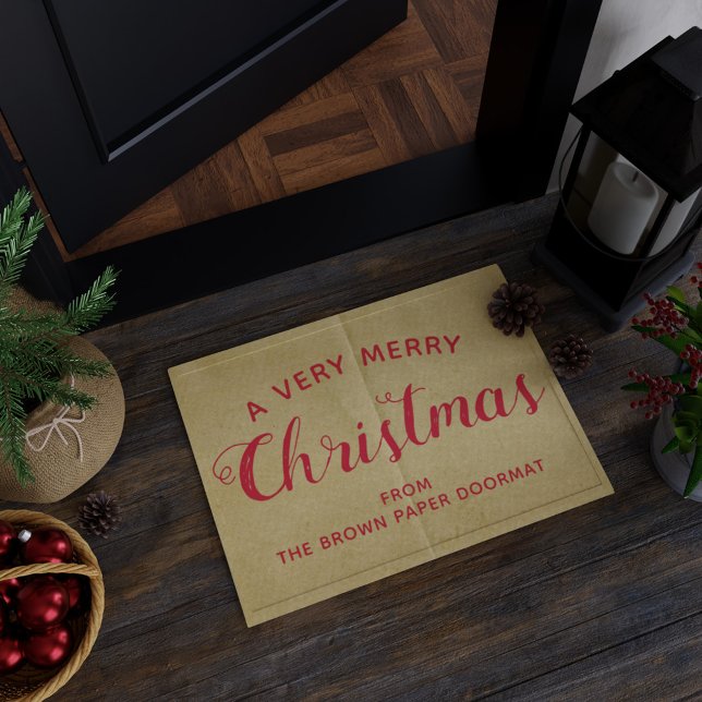 Rustic Christmas Welcome Brown Paper Look Doormat Fußmatte (A very merry Christmas doormat. Just add your name)