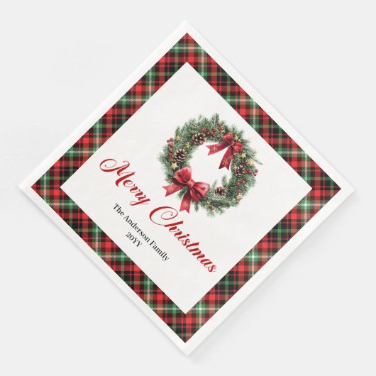 Rustic Christmas Wreath Napkins Red Green Pattern Serviette (Ecke)