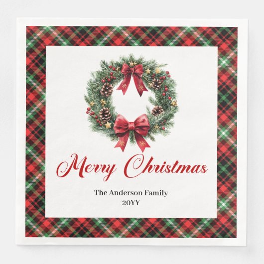 Rustic Christmas Wreath Napkins Red Green Pattern Serviette (Vorderseite)