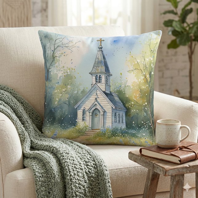 Rustic Church Path in Wildflower Meadow Kissen (Rustic Church Path in Wildflower Meadow Throw Pillow Mockup A)