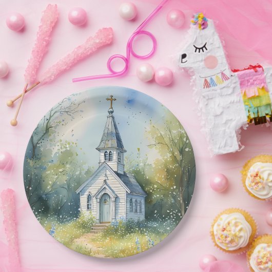 Rustic Church Path in Wildflower Meadow Pappteller (Party)