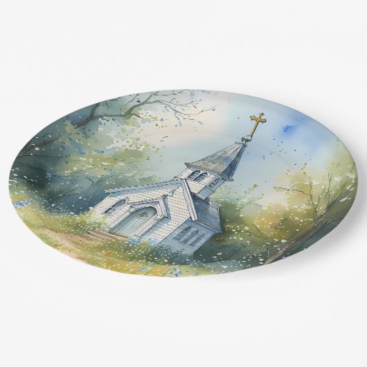 Rustic Church Path in Wildflower Meadow Pappteller (Schrägansicht)