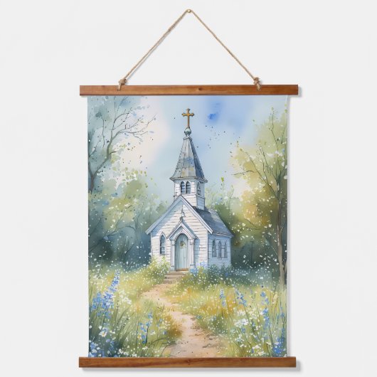 Rustic Church Path in Wildflower Meadow Wandteppich Mit Holzrahmen (Vorderseite)