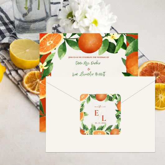 Rustic Citrus Monogram Wedding Favor Quadratischer Aufkleber