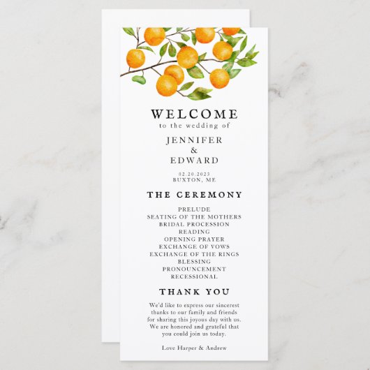 Rustic Citrus Orange Hochzeitsprogramm Programm (Vorne/Hinten)