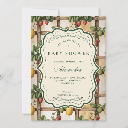 Rustic Citrus Strawberry Baby Shower Einladung (Vorderseite)