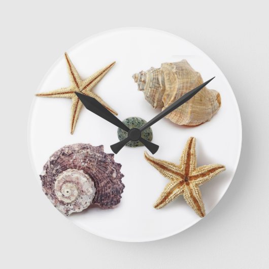 rustic coastal  beach chic seashell starfish runde wanduhr (Vorderseite)
