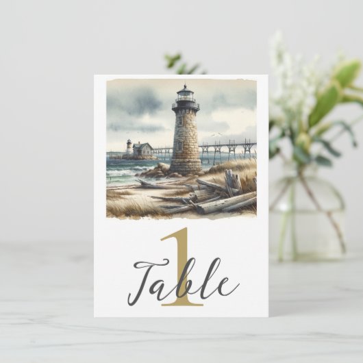 Rustic Coastal Lighthouse Seaside Beach Table  Einladung (Stehend Vorderseite)