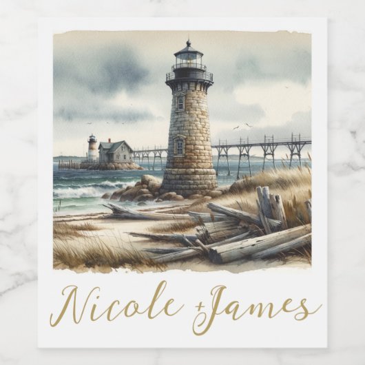 Rustic Coastal Lighthouse Seaside Beach Wedding Weinetikett (Einzelnes Label)