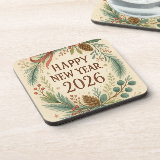 rustic coaster set for happy new year 2026 getränkeuntersetzer (Linke Seite)