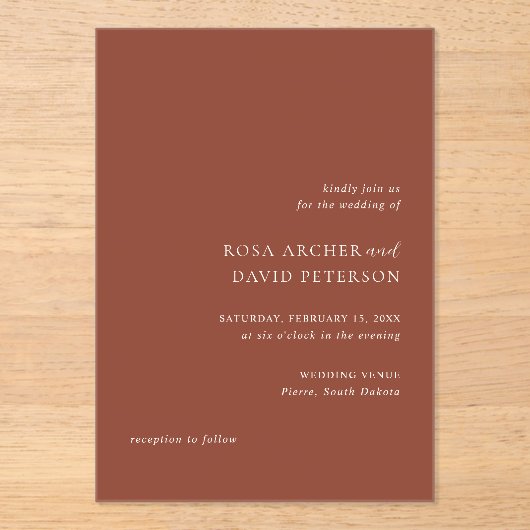 Rustic Copper Editorial Modern Wedding Acryleinladungen (Vorderseite)